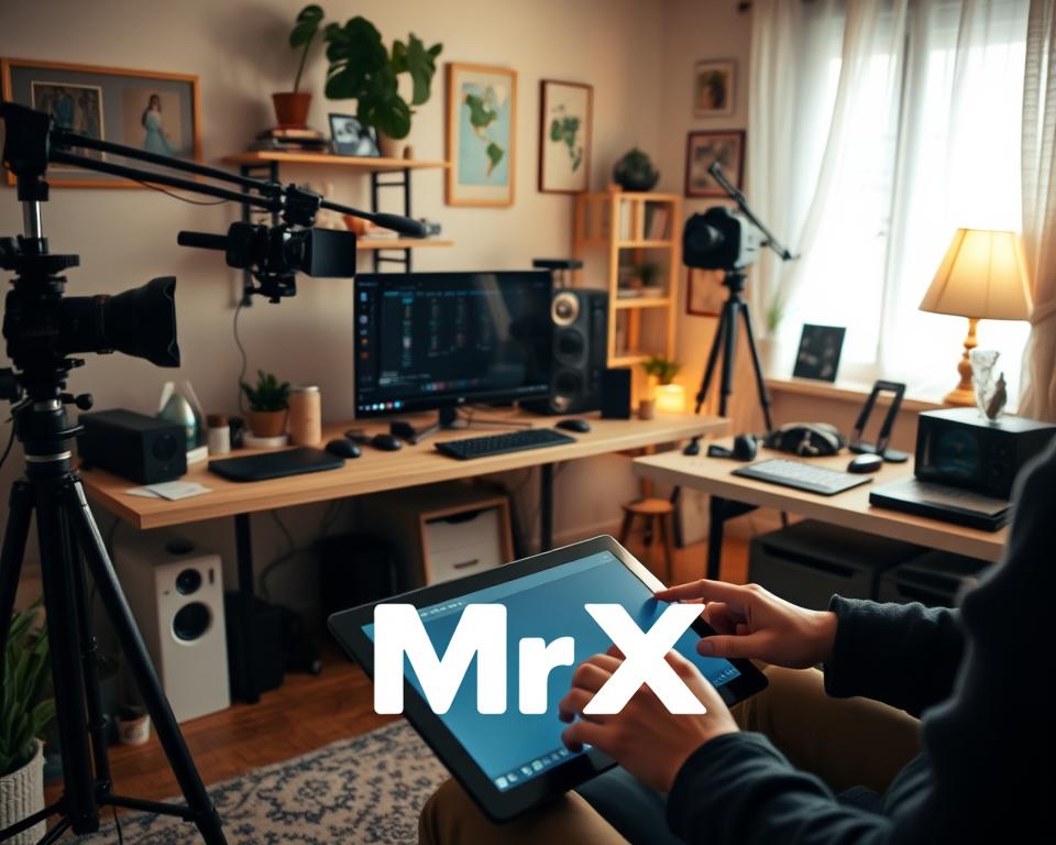 A cozy home studio with a well-organized workstation, featuring a sleek desktop computer, a professional camera setup, and a variety of creative tools and materials. Soft, warm lighting illuminates the space, creating a comfortable and inspiring atmosphere. In the foreground, a person's hands are engaged in the process of content creation, potentially working on a digital tablet or editing software. The MrX brand logo is subtly integrated into the scene, adding a touch of professionalism. The overall composition conveys a sense of passion, productivity, and the rewards of pursuing a content creation side hustle.