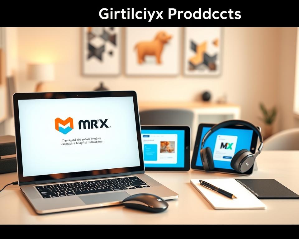 A high-quality digital products workspace, showcasing various MrX branded digital assets and tools. In the foreground, a sleek laptop displays a presentation slide with MrX's logo, surrounded by a minimalist desk setup with a stylish mouse, pen, and notebook. The middle ground features a tablet displaying a digital product mockup, alongside a pair of professional-grade headphones. The background depicts a soft, warm-toned room with modern decor, creating a productive and inspirational atmosphere for the digital entrepreneur.