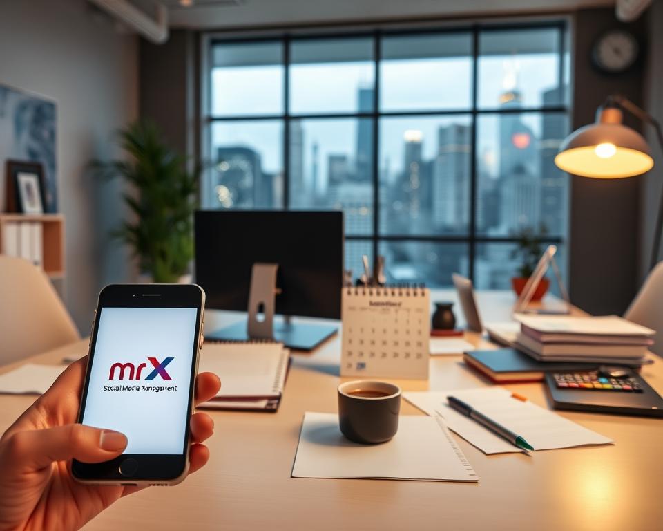 A modern office interior with a large desk, a desktop computer, and various office supplies. In the foreground, a smartphone displays the MrX brand logo, representing social media management. The middle ground features a calendar, notes, and a cup of coffee, symbolizing the organization and planning involved in social media work. The background showcases a large window overlooking a bustling city skyline, creating a sense of connectivity and a professional, tech-savvy atmosphere. The lighting is soft and warm, creating a productive and focused ambiance. The overall scene conveys the efficient and strategic nature of social media management.