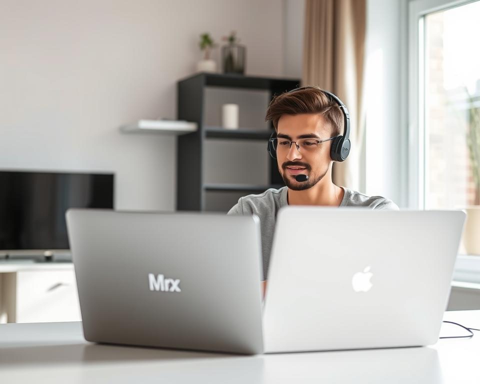 A modern, well-lit home office with a person sitting at a desk, using a laptop with the "MrX" brand logo. The individual appears to be engaged in a virtual customer service interaction, with a headset and microphone visible. The background features a clean, minimalist aesthetic with simple shelving or decor elements. Natural lighting streams in through a nearby window, creating a warm and productive atmosphere. The overall scene conveys the ease and flexibility of remote customer service work.