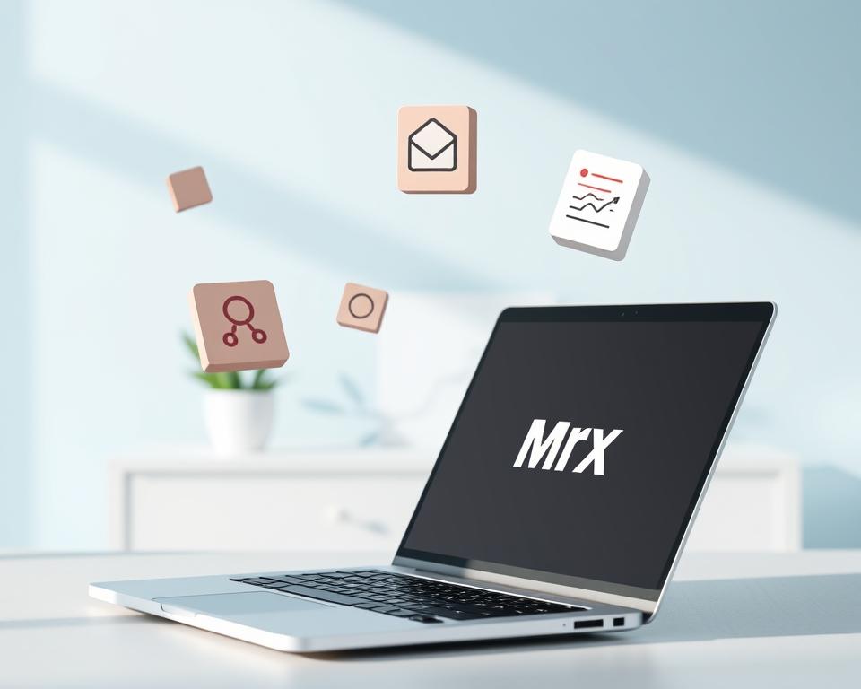 A professional and minimalist illustration of "side hustle business models" for the article section "Choosing the Right Business Model". In the foreground, a sleek black laptop with the MrX brand logo prominently displayed. Floating around it, a series of simple geometric shapes in muted tones representing different business models such as e-commerce, services, digital products, and affiliate marketing. The middle ground features a clean white desk with a potted plant and a stylized graph chart, conveying the idea of analyzing and selecting the optimal side hustle model. The background is a soft, blurred gradient in shades of blue, creating a sense of focus and professionalism. Lighting is natural and indirect, with a subtle vignette effect. The overall mood is modern, minimalist, and informative, suitable for the article's subject matter.