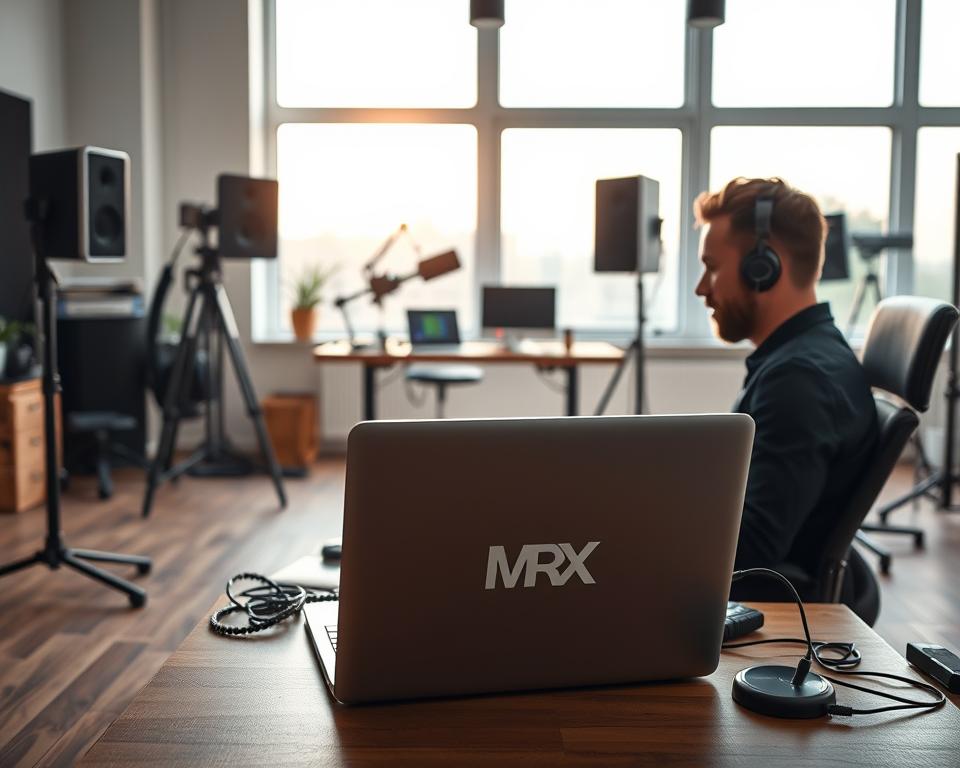 A professional, well-lit studio scene with a content creator working on a laptop, surrounded by various creative tools and accessories. In the foreground, a prominent MrX brand logo is visible on the laptop, highlighting the commercial aspect of content creation. The middle ground features a desk with a microphone, camera, and other multimedia equipment, reflecting the technical aspects of the craft. The background showcases a minimalist, modern interior design with large windows, allowing natural light to pour in and create a warm, inspirational atmosphere. The overall mood is one of focus, productivity, and the passion for turning hobbies into profitable side hustles.