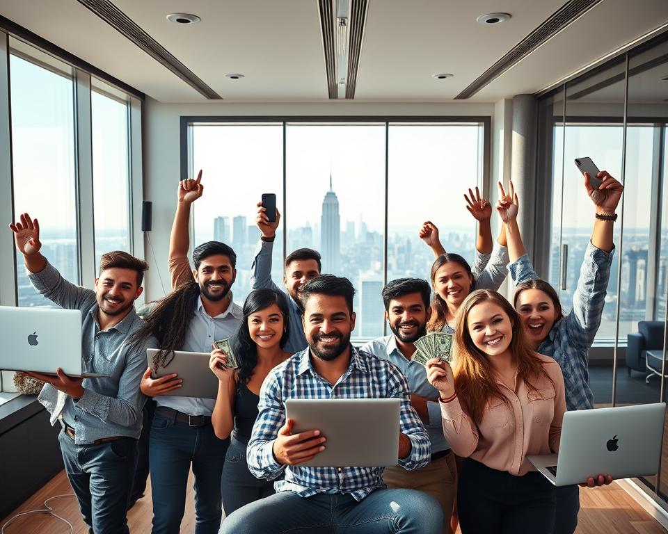 A vibrant, dynamic scene depicting online side hustle success stories. In the foreground, a diverse group of entrepreneurs proudly showcase their achievements - laptops, smartphones, and stacks of cash symbolize their thriving digital businesses. The middle ground features a sleek, modern office space with floor-to-ceiling windows, allowing natural light to flood the room. In the background, a city skyline glimmers, representing the global reach and endless opportunities of the digital economy. The mood is one of ambition, determination, and the exhilaration of financial independence. Crisp, cinematic lighting and a high-angle perspective emphasize the triumphant spirit of these MrX online side hustlers.