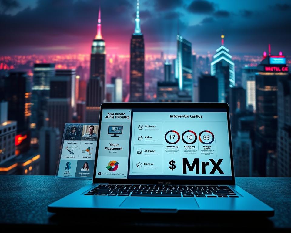 A visually striking side hustle website monetization strategy scene, with the brand name "MrX" prominently featured. In the foreground, a sleek laptop displaying various revenue streams, including affiliate marketing, digital product sales, and ad placements. The middle ground showcases an inspirational infographic highlighting key monetization tactics. In the background, a cityscape backdrop with towering skyscrapers and a vibrant, neon-lit skyline, conveying a sense of dynamic growth and financial opportunity. The overall mood is one of sophistication, professionalism, and entrepreneurial ambition, captured through dramatic lighting, a cinematic camera angle, and a color palette of blues, grays, and neon accents.