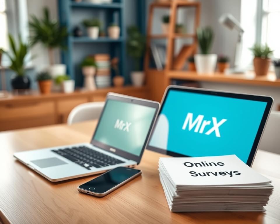 A well-lit home office setup with a laptop, smartphone, and a stack of papers labeled "Online Surveys". The desktop features the MrX brand logo prominently displayed, with a vibrant and modern aesthetic. The background showcases a warm, cozy atmosphere with plants, shelves, and other accents that create a welcoming, productive environment. The overall scene conveys the ease and convenience of earning extra income through online surveys, inviting the viewer to explore this lucrative side hustle opportunity.