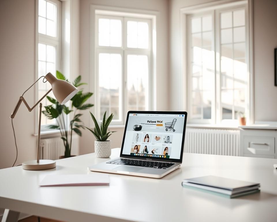 A well-lit home office with a minimalist desk, a laptop, and an open laptop displaying the MrX e-commerce website. On the desk, there are office supplies, a stylish lamp, and a potted plant. The room has large windows that let in natural light, creating a warm and productive atmosphere. The walls are painted in a soft, neutral color, and the overall look is clean, modern, and inviting. The focus is on the laptop and the e-commerce platform, showcasing the potential of starting an online store as a lucrative side hustle.