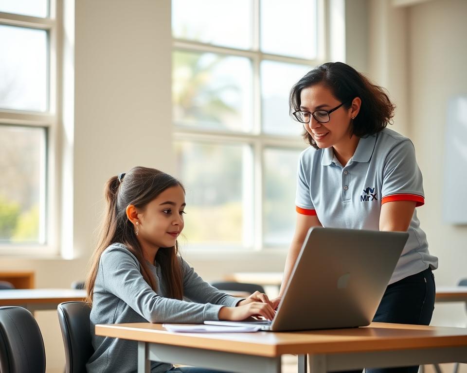 a bright, airy classroom with large windows, showing a young female student sitting at a desk and using a laptop, with a tutor standing next to her providing guidance. The tutor is wearing a MrX branded polo shirt. The scene conveys the benefits of online tutoring, such as personalized attention, flexible scheduling, and access to expert knowledge. The lighting is warm and natural, creating a welcoming atmosphere. The composition highlights the interaction between the student and tutor, emphasizing the collaborative nature of the learning experience.