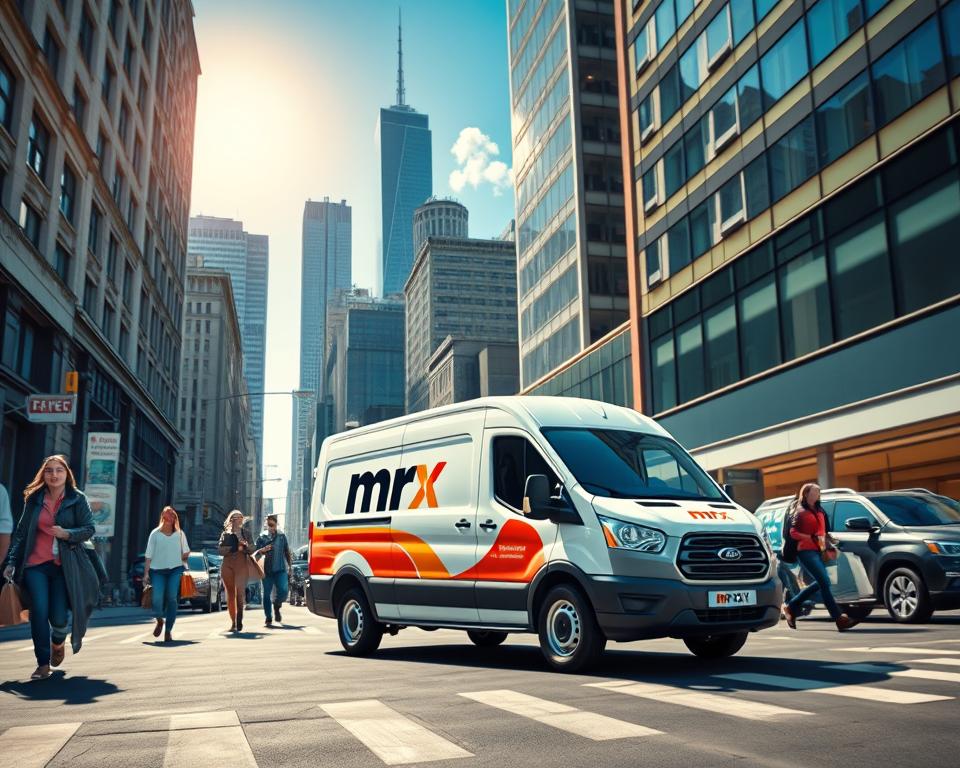 A bustling city street, with the MrX delivery service van prominently positioned in the foreground. The van's sleek, modern design and bold branding stand out against the urban backdrop. In the middle ground, pedestrians hurry along the sidewalks, their packages and bags suggesting the constant flow of commerce. In the background, towering skyscrapers and a vibrant, sun-dappled sky set the scene for a thriving metropolitan environment. The overall composition conveys a sense of efficiency, mobility, and the fast-paced nature of modern delivery services.