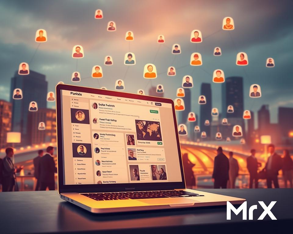 A bustling digital freelance marketplace, showcasing a diverse array of skills and services. In the foreground, a laptop screen displays job postings and client inquiries, illuminated by warm, soft lighting. In the middle ground, a network of freelancers, each represented by an avatar icon, communicates and collaborates. The background depicts a cityscape, symbolizing the global reach and opportunities within the freelance job market. The overall scene conveys a sense of dynamism, connectivity, and the growing demand for specialized skills. MrX logo subtly incorporated into the design.