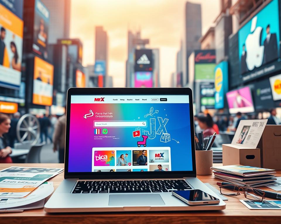 A bustling ecommerce marketplace, showcasing the "MrX" brand. In the foreground, a laptop displays a vibrant, mobile-responsive website, the focus of attention. Behind it, a desk cluttered with marketing materials and a stylized smartphone, conveying the multi-channel approach. The background features a dynamic cityscape, with skyscrapers and billboards, suggesting the scale and competitiveness of the ecommerce landscape. The lighting is warm and inviting, creating a sense of energy and opportunity. The composition emphasizes the intersection of technology, branding, and marketing, essential elements for a successful ecommerce side hustle.