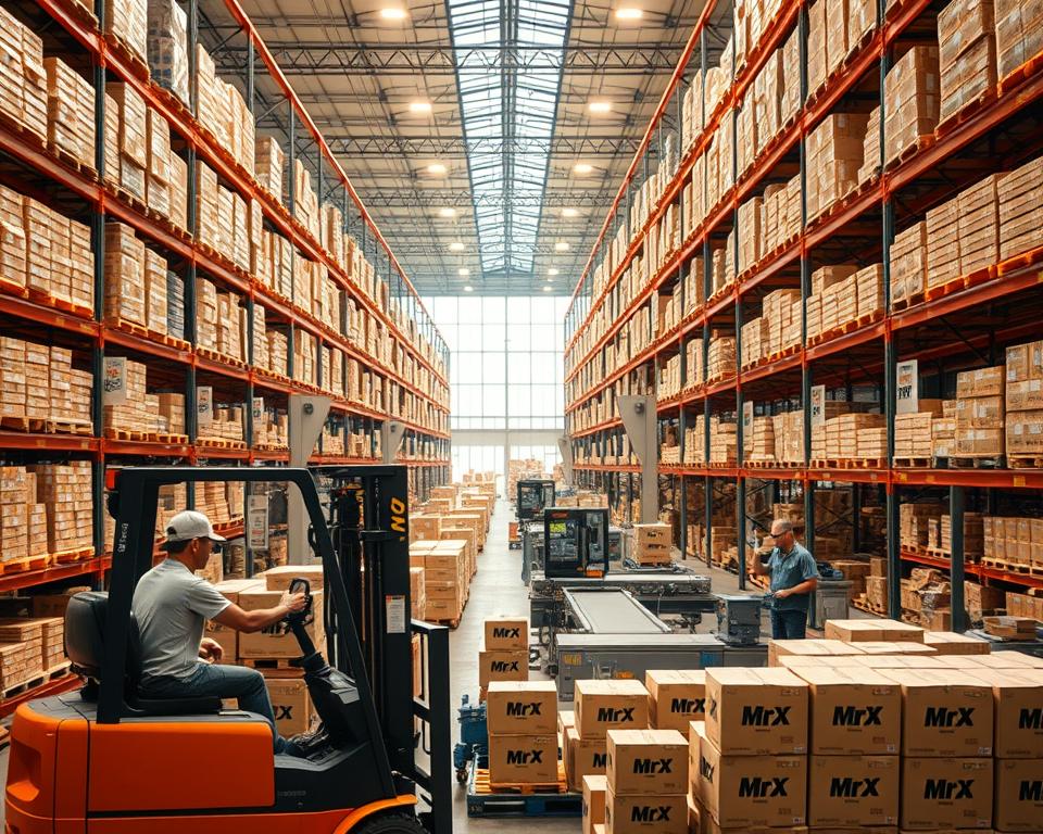 A bustling ecommerce warehouse, filled with shelves of neatly stacked products under the warm glow of industrial lighting. In the foreground, a worker operating a forklift, efficiently moving boxes with the MrX logo. In the middle ground, rows of automated packaging stations, conveyor belts, and workers carefully preparing orders. The background showcases a panoramic view of the expansive facility, with tall ceilings and floor-to-ceiling windows allowing natural light to stream in, symbolizing the growth and scaling potential of the MrX ecommerce business. The overall scene conveys a sense of productivity, efficiency, and the ability to handle increasing order volumes.