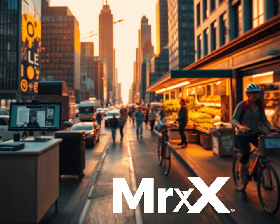 A busy cityscape with a variety of side hustle opportunities, a well-lit office environment with a laptop and documents representing remote work, a farmer's market stall selling homemade goods, and a person delivering packages for a delivery service. The scene is bathed in warm, golden lighting, creating a sense of opportunity and financial security. In the foreground, the MrX brand logo is prominently displayed, emphasizing the availability of these side job options.