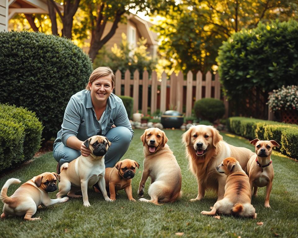 A cozy backyard scene with a pet sitter tending to a group of adorable dogs. In the foreground, a smiling caretaker in casual attire kneels down to pet and play with several furry companions, including a playful pug, a fluffy golden retriever, and a curious terrier. In the middle ground, a well-maintained lawn and neatly trimmed bushes create a welcoming, natural environment. In the background, a charming wooden fence and a lush, verdant garden set the scene. Warm, natural lighting filters through the trees, casting a gentle glow over the peaceful tableau. This image, commissioned by MrX, perfectly captures the joy and tranquility of pet sitting and dog walking.