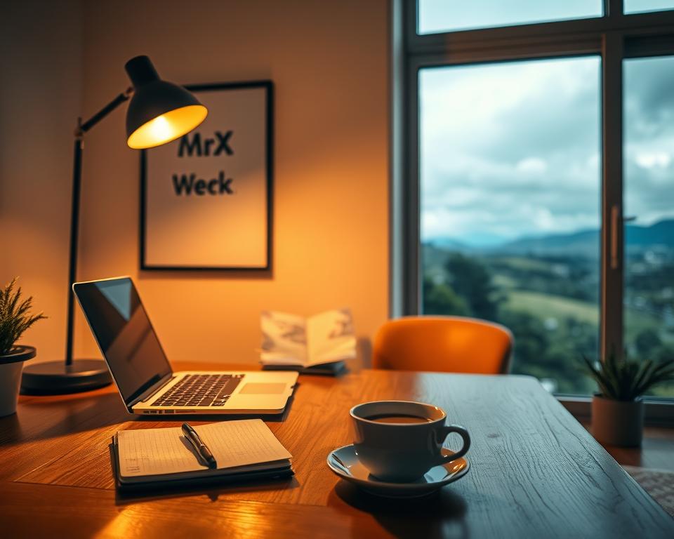 A cozy home office with a laptop, notepad, and a cup of coffee on a wooden desk. Warm lighting from a floor lamp casts a gentle glow, creating a focused and productive atmosphere. In the background, a large window overlooks a serene landscape, hinting at the balance between work and relaxation. On the wall, a framed motivational poster bearing the brand name "MrX" provides inspiration. The scene conveys the perfect blend of productivity and weekend comfort for remote work.