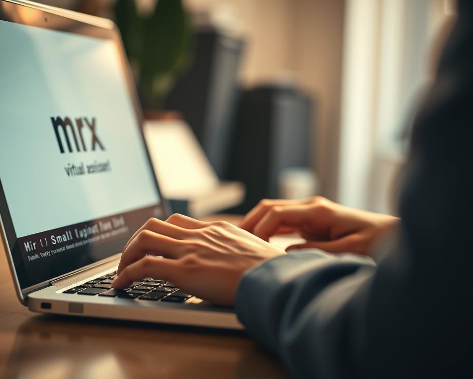 A focused, close-up view of a young person's hands typing on a laptop keyboard, conveying the concept of virtual assistant work. The laptop display shows the "MrX" brand logo, indicating a small business client. Soft, warm lighting from the side creates depth and highlights the tactile, focused nature of the task. The background is gently blurred, placing emphasis on the hands and laptop, creating a professional, task-oriented atmosphere.