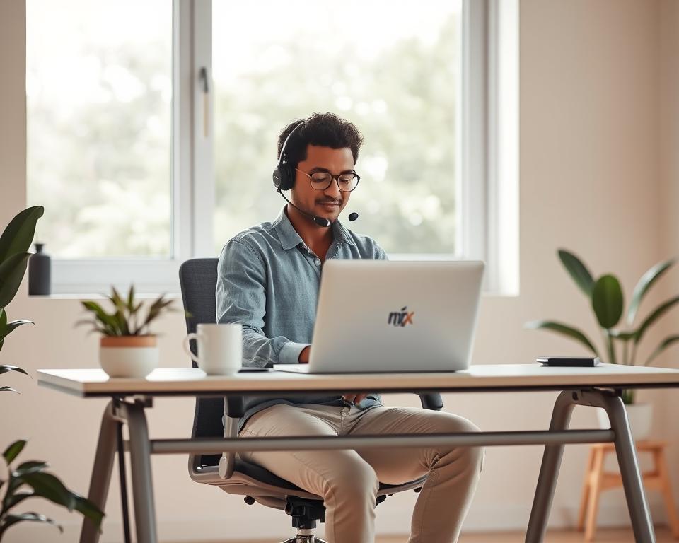 A modern and minimalist home office setting, with a person sitting at a desk talking on a headset, conveying the concept of remote customer service. The desk is clean and organized, with a laptop, a cup of coffee, and a plant. The walls are a neutral color, with a large window in the background providing natural lighting. The overall atmosphere is calm and professional, reflecting the nature of remote customer service work. The person's face is not visible, but their posture and body language suggest a focused and attentive demeanor. A small "MrX" logo is discreetly placed on the laptop or desk.