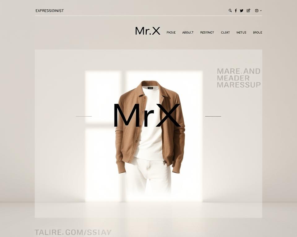 A modern, minimalist e-commerce website design with a clean, light-filled layout. The homepage features a large, high-resolution product image of a fashionable apparel item, showcased in soft, natural lighting. In the middle ground, a sleek, responsive navigation menu with the brand name "MrX" prominently displayed. The background incorporates a subtle, textured pattern that complements the product and brand aesthetic. The overall mood is one of sophistication, simplicity, and a visually appealing shopping experience.