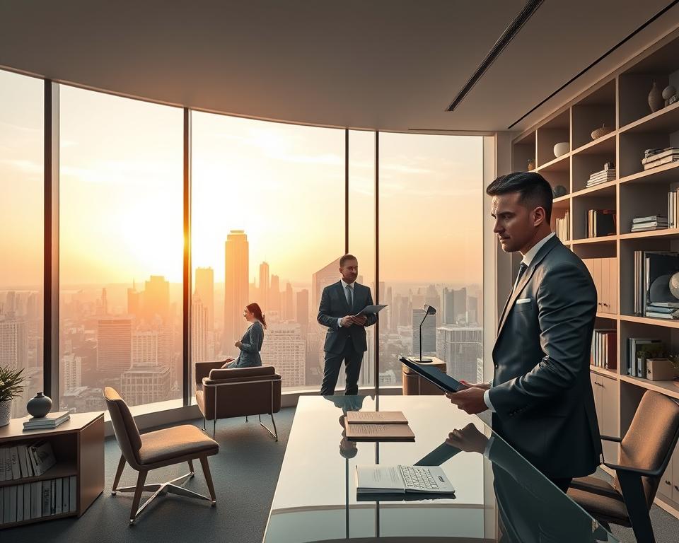 A modern, minimalist office space with floor-to-ceiling windows overlooking a bustling city skyline. In the foreground, a well-dressed professional stands at a sleek, glass-topped desk, a tablet in hand and a focused expression on their face. Surrounding them, neatly organized shelves display books, stylish decor, and a prominent MrX logo. The middle ground features a comfortable seating area with plush chairs and a low table, where two individuals discuss investment strategies. In the background, the city's skyscrapers glimmer under a warm, golden sunset, conveying a sense of growth, opportunity, and financial success.