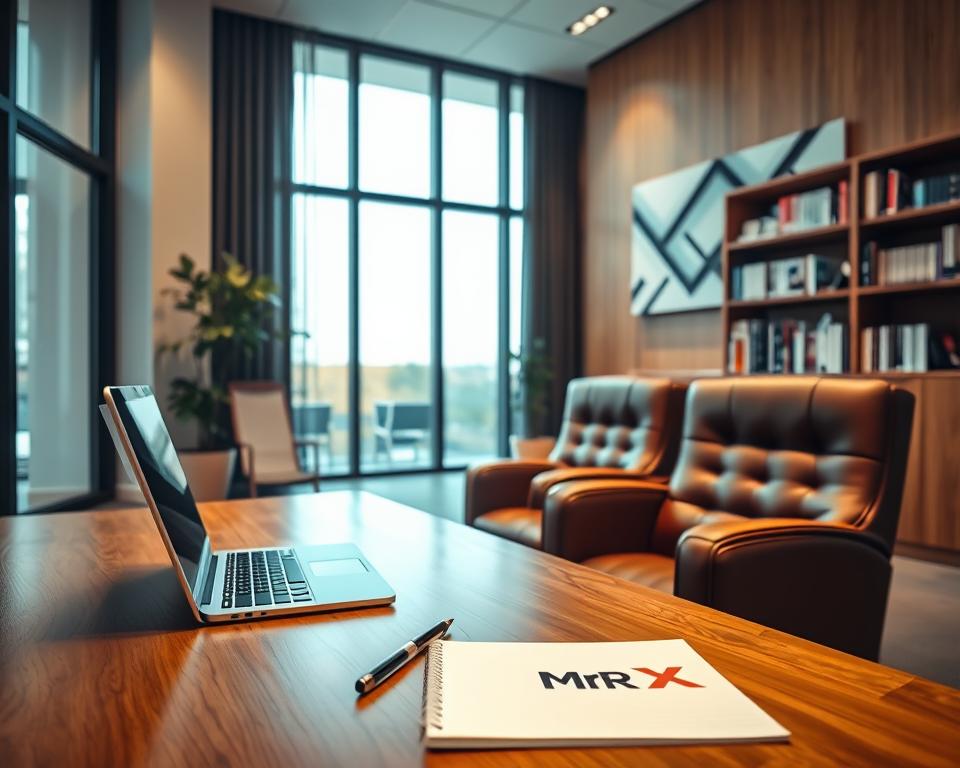 A professional consulting office with a modern and minimalist aesthetic. In the foreground, a wooden desk with a laptop, pen, and a branded "MrX" notepad. Two plush leather chairs face the desk, creating an inviting atmosphere for client meetings. The middle ground features tall windows, allowing natural light to flood the space, casting a warm glow. In the background, a bookshelf filled with industry-relevant literature and a sleek, geometric wall art piece that adds a touch of sophistication. The overall scene conveys a sense of expertise, professionalism, and a welcoming environment for consultative services.