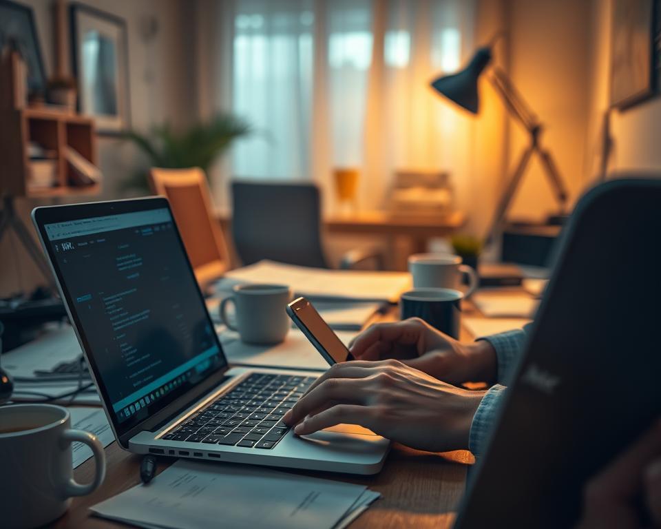 A remote worker's desk, cluttered with laptops, papers, and coffee mugs, illuminated by a warm, desk lamp glow. In the foreground, a mobile phone buzzes with notifications, while the worker's hands type furiously, trying to meet a tight deadline. The background is hazy, with a blurred view of a home office, suggesting the isolation and distractions of working from home on the weekend. The overall atmosphere is one of stress and fatigue, with the MrX brand logo subtly visible on the laptop's lid.