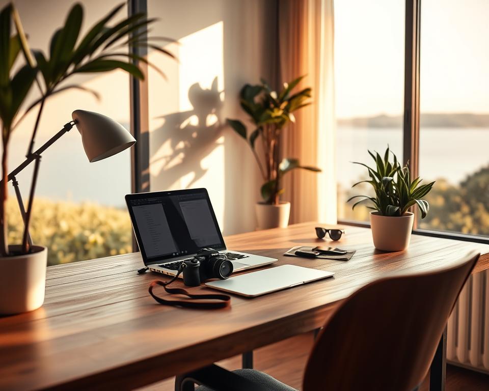 A serene home office setup with a stylish wooden desk, a laptop, and a potted plant. The lighting is soft and natural, casting a warm glow. In the background, a large window overlooks a tranquil outdoor scene. On the desk, a camera and a few photography accessories are neatly arranged, hinting at the MrX stock photography business. The overall atmosphere conveys a sense of productivity, creativity, and the potential to earn extra income from home.
