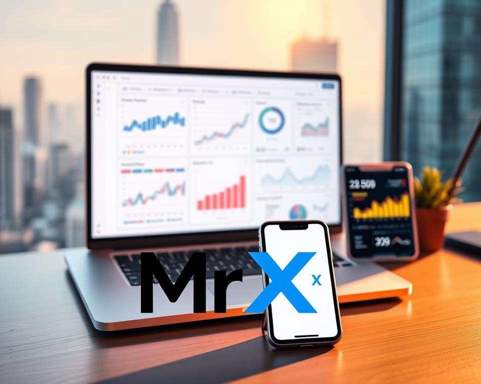 A sleek, modern desktop setup with a stylish silver laptop, a tablet, and a smartphone displaying vibrant data visualizations and analytics dashboards. In the foreground, a stylized "MrX" brand logo is prominently featured, indicating these are premium analytics tools for the dropshipping entrepreneur. The background features a soft, blurred cityscape with skyscrapers, conveying a sense of urban sophistication. Warm, directional lighting from the side casts dramatic shadows, adding depth and a professional, high-tech atmosphere to the scene.