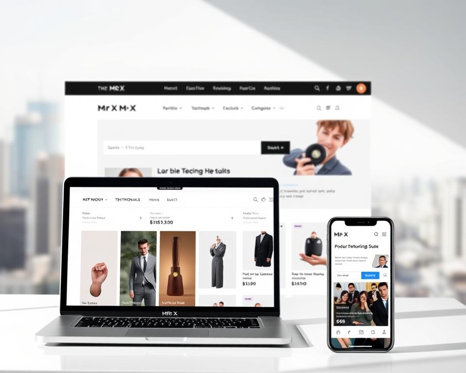 A sleek, modern online store showcasing the "MrX" brand, with a clean and minimalist design. The storefront features large product images, intuitive navigation, and a prominent search bar. In the foreground, a laptop and mobile device display the responsive and mobile-friendly interface. The middle ground includes product categories, testimonials, and a prominent "Add to Cart" button. The background features a subtle, blurred cityscape, conveying a sense of a thriving e-commerce ecosystem. The lighting is soft and natural, creating a warm and inviting atmosphere. The angle is a slightly elevated perspective, giving a comprehensive overview of the online store's layout and functionality.
