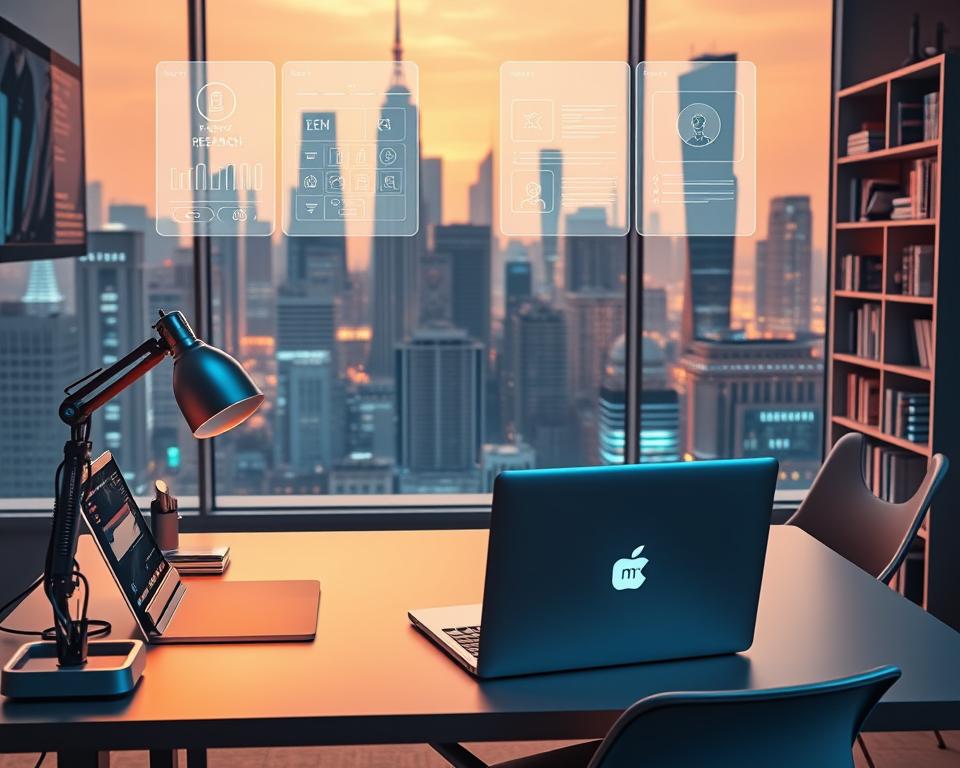 A sleek, modern virtual assistant workspace for a tech-savvy teenager. In the foreground, a desk with a MrX-branded laptop, a stylus, and a minimalist desk organizer. Floating above the desk, holographic displays showcase a variety of tasks - scheduling, research, data entry, and communication. The middle ground features a comfortable ergonomic chair and a minimalist bookshelf with inspirational books. The background depicts a futuristic cityscape, with skyscrapers and holograms, bathed in a warm, ambient lighting that creates a productive and focused atmosphere.