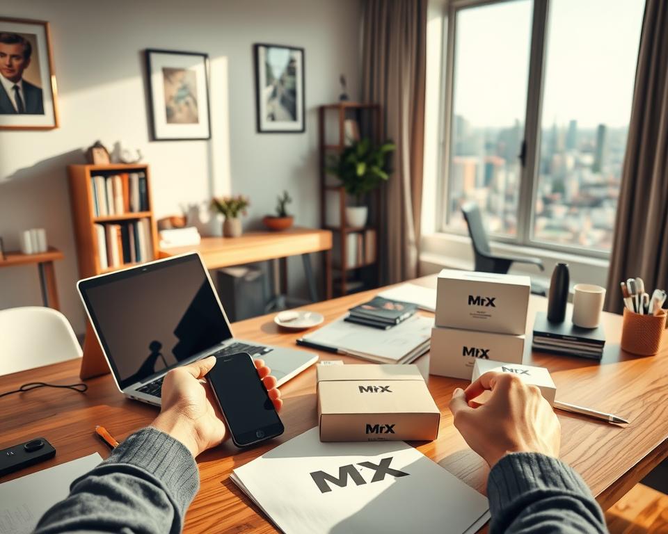A well-lit, modern home office scene with a laptop, smartphone, and various office supplies on a wooden desk. In the foreground, a person's hands are shown arranging products and packaging labeled "MrX" for an online store. The middle ground features a bookshelf and wall art, while the background showcases a large window overlooking a scenic cityscape. The overall atmosphere is one of productivity, entrepreneurship, and a sense of personal fulfillment in running an online business.