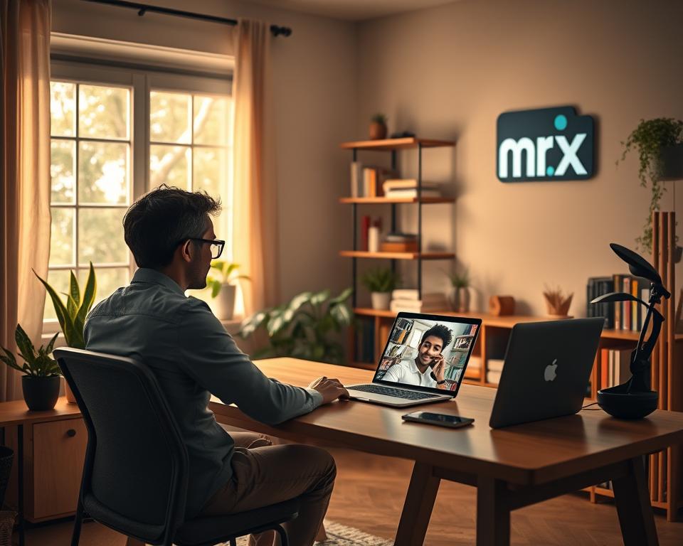 A well-lit, modern home office with a desk, laptop, and MrX logo on the wall. A person sitting at the desk, tutoring an online student via video chat, their faces illuminated by the screen. The background features bookshelves, plants, and warm, natural lighting filtering through a large window, creating a cozy, productive atmosphere. The composition emphasizes the connection between the tutor and student, showcasing the convenience and flexibility of online tutoring opportunities.