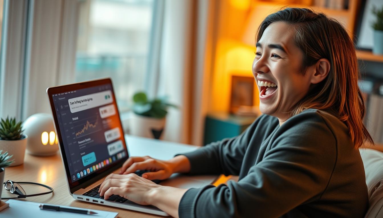 Person celebrating extra income from side hustles on laptop