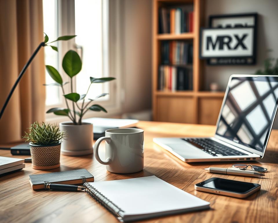 A cozy home office setting with a wooden desk, a laptop, a potted plant, and a mug of coffee. In the foreground, various small business supplies like a notebook, a pen, and a smartphone. The background features a bookshelf and a framed MrX logo, conveying a sense of productivity and entrepreneurial spirit. Soft natural lighting illuminates the scene, creating a warm and inviting atmosphere. The overall mood is one of simplicity, focus, and the potential for success in a home-based side hustle.