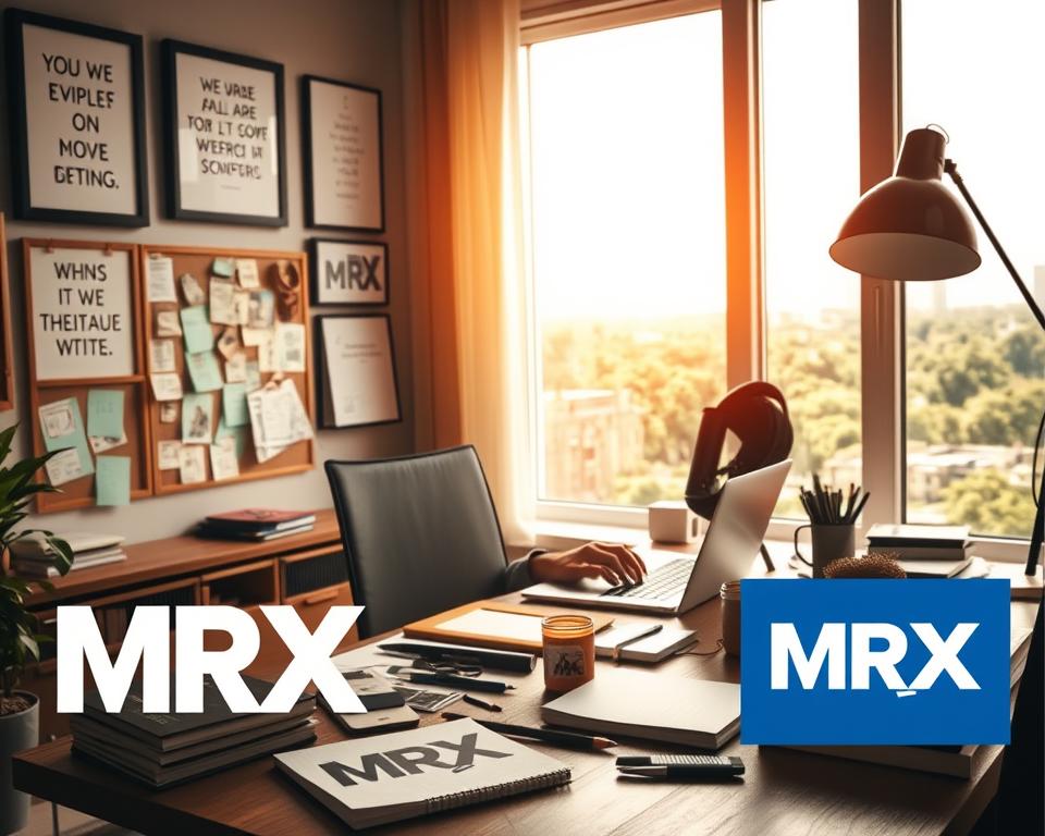 A cozy home office with a modern desk, a laptop, and a stylish lamp. The walls are adorned with framed inspirational quotes and a bulletin board filled with sketches and sticky notes. The foreground features the MrX brand logo prominently displayed on various stationery items. In the middle ground, a person is seated at the desk, typing intently on the laptop, surrounded by a clutter of notebooks, pens, and a cup of coffee. The background showcases a large window overlooking a lush, urban landscape, bathed in warm, natural lighting.