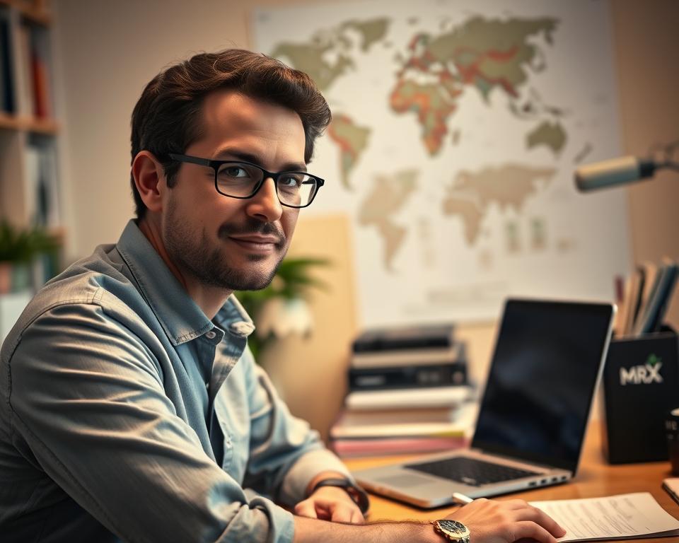 A cozy home workspace with a laptop, books, and a MrX branded desk organizer. Soft, diffused lighting illuminates the scene, creating a warm and focused atmosphere. In the background, a blurred world map or calendar hints at the global reach of online education. The foreground features a thoughtful, engaged expression on the face of the instructor, conveying expertise and a passion for teaching. The overall composition suggests the creation of an engaging, high-quality online course.