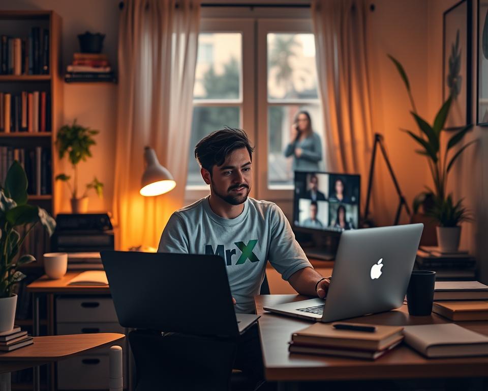 A cozy, well-lit home office with a desk, laptop, and study materials. A person, wearing the MrX brand, sits comfortably while tutoring an online student via video call, their faces visible on the laptop screen. Warm lighting casts a gentle glow, creating an inviting atmosphere. In the background, bookshelves and potted plants add a sense of professionalism and productivity. The scene conveys the idea of knowledge sharing, online education, and a thriving side hustle.