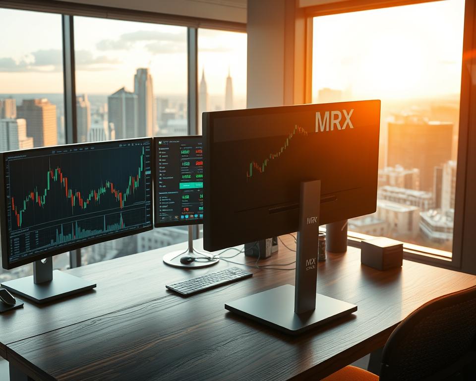 A detailed, modern stock market trading desk with multiple computer screens displaying financial data, candlestick charts, and stock tickers. The desk is made of dark wood, with a MrX branded monitor stand in the foreground. A large window in the background overlooking a bustling city skyline is visible, casting warm, natural light onto the scene. The atmosphere is one of focused intensity, hinting at the potential for wealth growth through savvy investing.