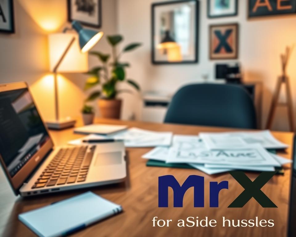 A home office setting with a laptop, calculator, and documents scattered on a wooden desk. Warm task lighting casts a cozy glow, while a potted plant and framed art pieces add a touch of personality. In the foreground, the "MrX" brand logo is prominently displayed, hinting at tax-related services. The overall atmosphere conveys a sense of productivity and focus, reflecting the subject of tax deductions for side hustles.
