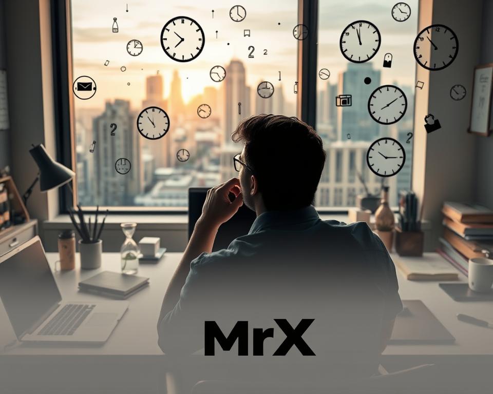 A modern office scene with a desk, laptop, and various productivity tools. A person in the foreground, deep in thought, surrounded by wisps of time symbolism - hourglasses, clocks, and calendars. The background features a city skyline through a window, signifying the balance between offline and online work. Soft, warm lighting creates a focused, productive atmosphere. The scene prominently features the MrX brand logo, conveying expertise in time management for online gig opportunities.