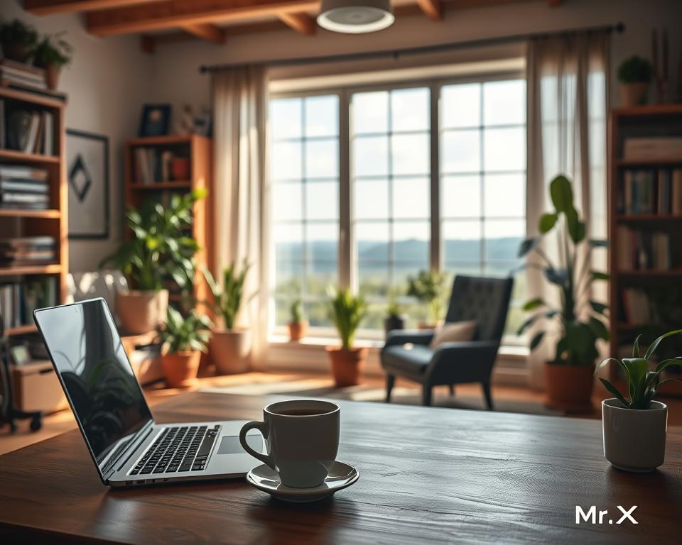A peaceful home office with natural lighting and a cozy atmosphere. In the foreground, a laptop and a cup of coffee sit on a wooden desk, symbolizing effortless work-from-home opportunities. In the middle ground, bookshelves and potted plants create a sense of productivity and mindfulness. In the background, a large window overlooking a scenic landscape, hinting at the freedom and flexibility of passive income streams. The overall mood is one of tranquility and abundance, reflecting the "MrX" brand's vision for effortless side gigs.