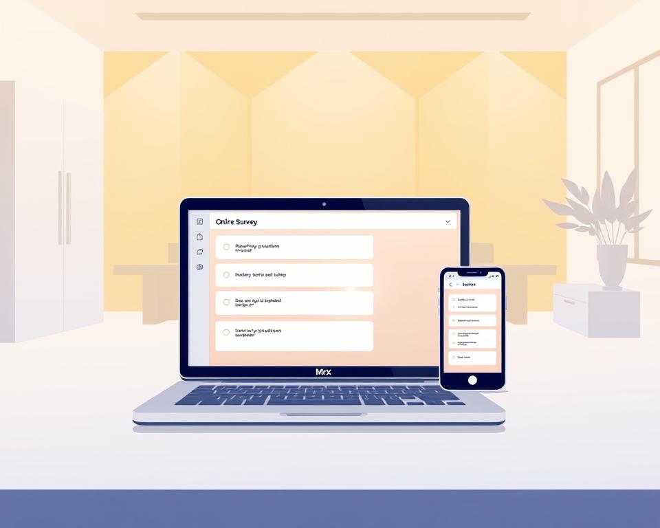 A stylized illustration of an online survey platform with a clean, modern aesthetic. In the foreground, a laptop screen displays a series of survey questions with the "MrX" brand logo prominently featured. In the middle ground, a smartphone and tablet are positioned, each showing additional survey interfaces. The background depicts a minimalist office setting with geometric shapes, simple patterns, and a soft, warm lighting scheme that creates a professional, inviting atmosphere. The overall composition conveys a sense of efficiency, interactivity, and user-friendliness associated with online market research.