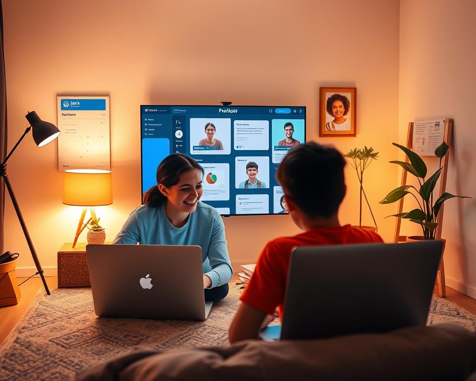 A vibrant digital workspace with a minimalist design showcasing the MrX online tutoring platform. In the foreground, a tutor and student engaged in a lively video call, their faces illuminated by the soft glow of their laptop screens. The middle ground features a collection of digital tools and resources, including virtual whiteboards, messaging interfaces, and student progress trackers. The background setting evokes a cozy, productive atmosphere, with warm lighting, clean lines, and subtle patterns that create a sense of focus and collaboration. The overall scene conveys the ease and efficiency of remote learning, where knowledge is shared seamlessly across digital boundaries.