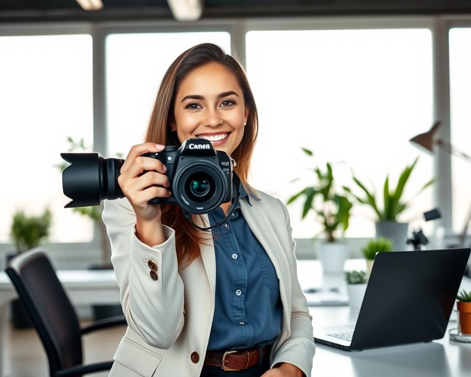 A vibrant, high-quality stock photograph of a smiling young woman in a modern office environment, holding a digital camera and taking a photograph. The scene is well-lit with soft, natural lighting filtering through large windows in the background. The woman is dressed in professional attire, exuding a sense of creativity and productivity. The background features a minimalist, clean-lined desk setup with a laptop, plants, and other office accessories, creating a visually appealing and inspirational setting. The overall mood is one of productivity, creativity, and the potential to earn extra income through MrX's stock photography platform.