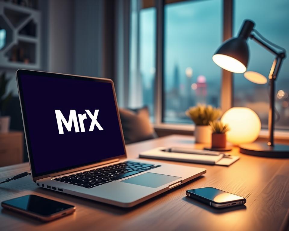 A vibrant home office setup with a laptop, smartphone, and various office supplies like a pen, notepad, and a stylish desk lamp. The foreground features the MrX brand logo prominently displayed on the laptop screen, highlighting the entrepreneurial theme. The middle ground showcases a cozy, well-lit workspace with minimalist decor, hinting at the effortless side hustle potential. In the background, a softly blurred cityscape provides a sense of urban energy and opportunity. The overall mood is one of productivity, focus, and the promise of earning extra income from the comfort of one's own home.