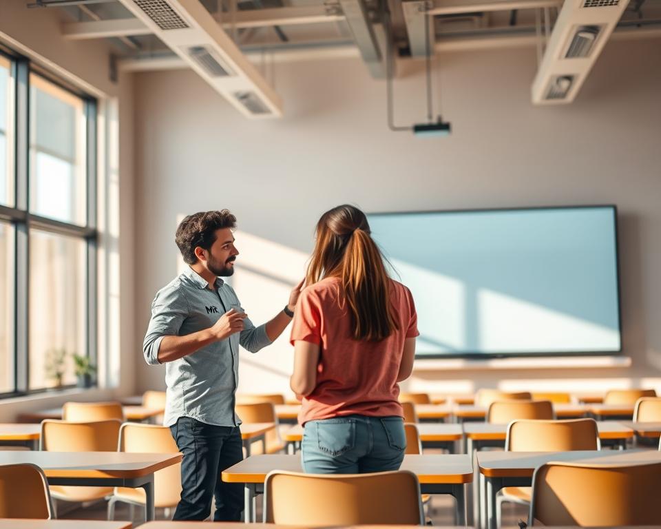 A well-lit, modern online tutoring classroom with a large whiteboard or digital screen at the center. In the foreground, a tutor with the MrX brand logo on their shirt is engaged in an animated discussion with a student, gesturing towards the screen. The middle ground features rows of desks and chairs, suggesting a virtual classroom setting. The background showcases a warm, inviting atmosphere with natural lighting filtering in through large windows, creating a sense of productivity and learning.