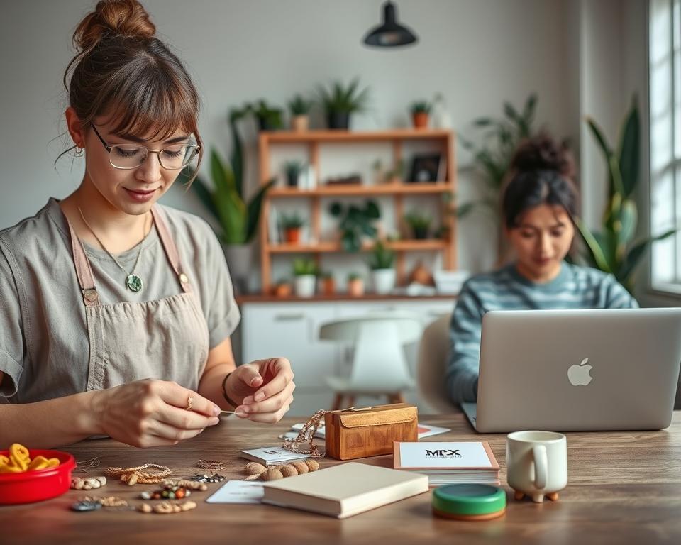 Vibrant and imaginative side hustles, set against a modern, minimalist backdrop. In the foreground, a skilled artisan crafts unique, handmade products bearing the MrX brand - delicate jewelry, whimsical home decor, and artisanal stationery. The middle ground showcases a versatile freelancer, laptop open, immersed in digital design work. In the background, a cozy home office space with natural light, filled with inspiring plants and creative tools. The overall mood is one of entrepreneurial spirit, flexibility, and the pursuit of fulfilling, self-directed work.