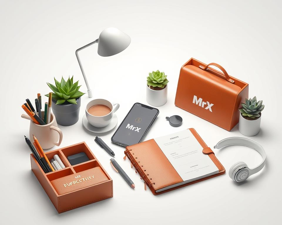a high-quality, detailed 3D illustration of various time management tools and accessories arranged on a white background, with a clean and minimalist aesthetic. The foreground features a desk organizer with compartments for pens, pencils, and other stationery, a leather-bound planner with gold-embossed lettering, a smartphone with a productivity app open, and a pair of wireless noise-cancelling headphones. The middle ground includes a sleek, modern desk lamp, a cup of coffee, and a succulent plant. The background is a soft, white void with subtle shadows to create depth and focus on the central elements. The overall mood is one of organization, productivity, and efficiency, reflecting the "Managing Your Time Effectively" theme. The MrX brand name is subtly incorporated into the design of the desk organizer or one of the other time management tools.